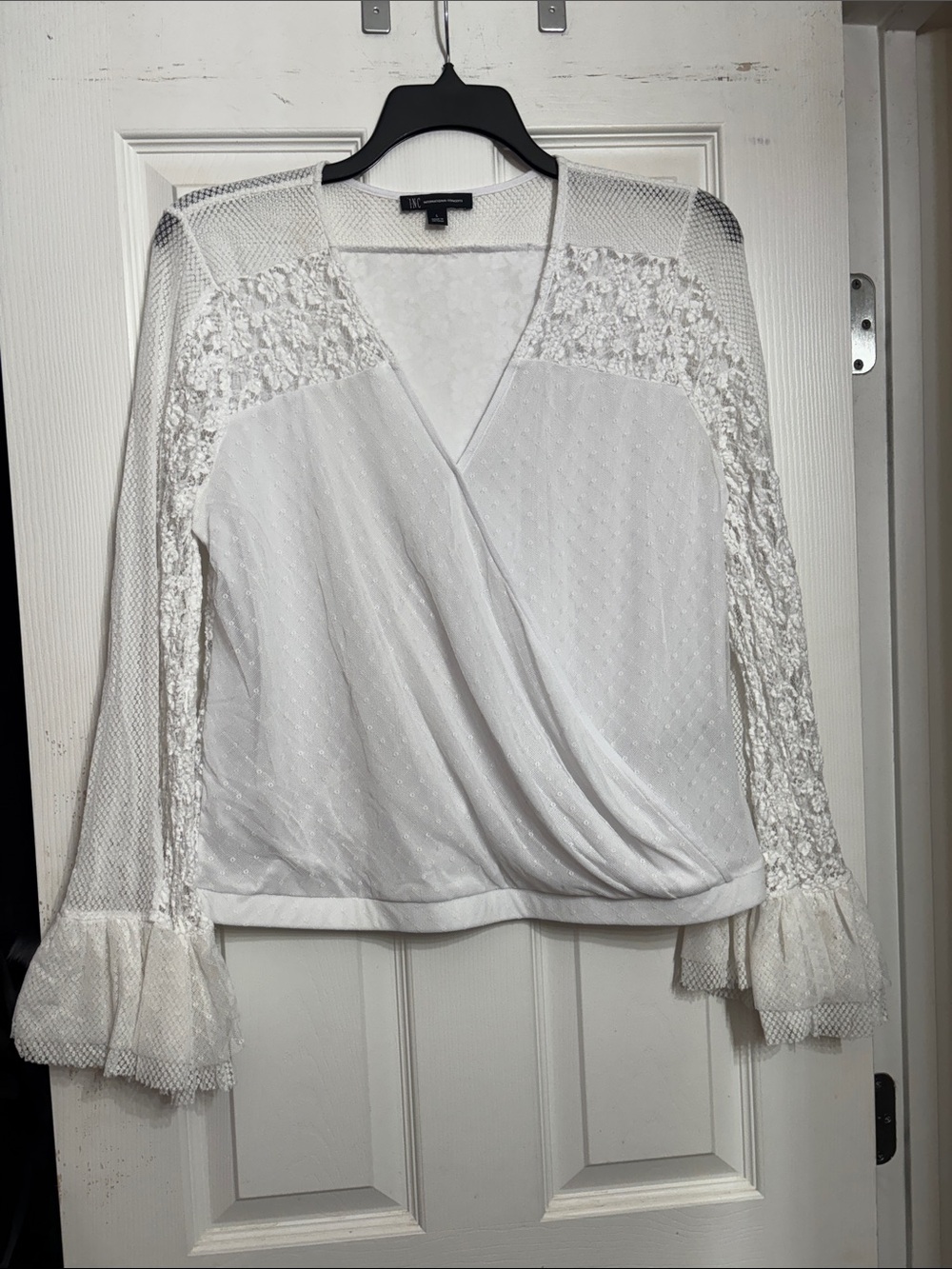 INC International Concepts White Lace Surplice Mesh Blouse